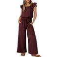 thumbnail image 1 of BRGZLK 2025 Jumpsuits for Women Clearance Summer Ruffle Sleeves Round Neck Rompers Drawstring Overalls With Pockets Wine L, 1 of 8