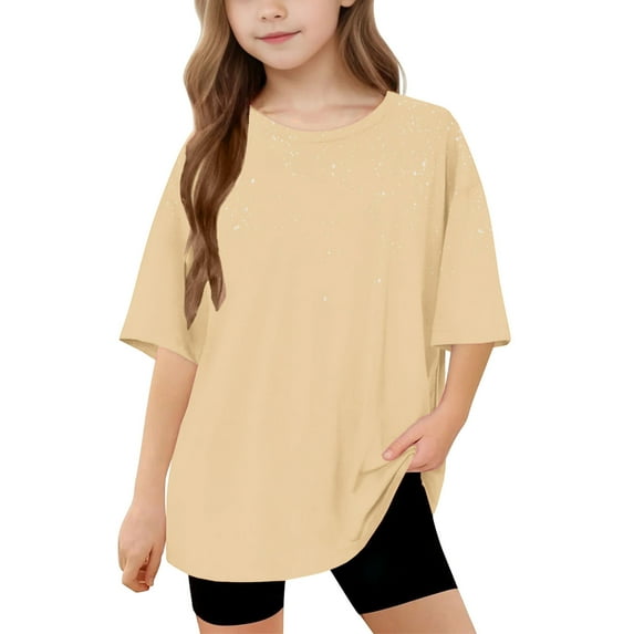 BRGZLK 2025 Summer Top for Boys Girls Toddler Kids Fashion Solid Color Round Neck Blouse Loose Casual Short Sleeve Basic Tees Beige 12-13 Years