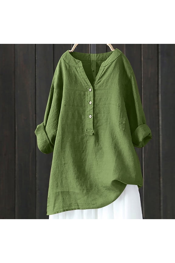 2025 Summer Tops For Women V Neck Long Sleeve Loose Button Cotton And Linen Tunic Summer Oversize Blouse Tops Green XL