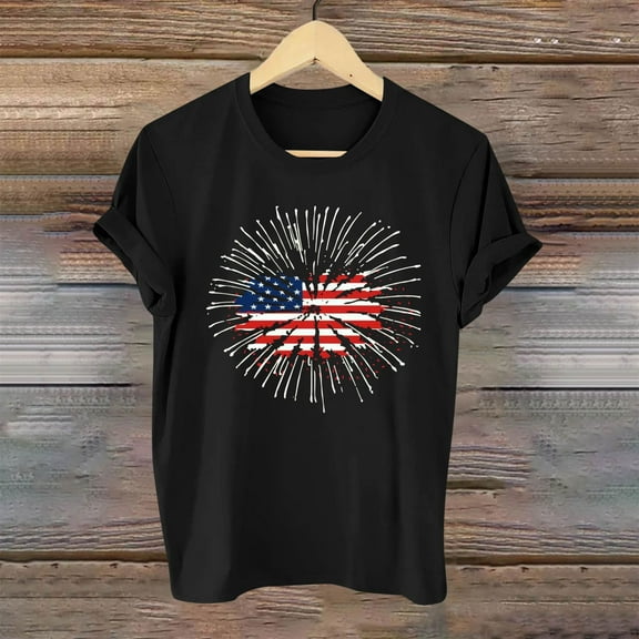 BRGZLK 2025 Women's Independence Day Tops Casual Fashion Patriotic Graphic Tee Loose Round Neck Short Sleeved Shirt Black XXL
