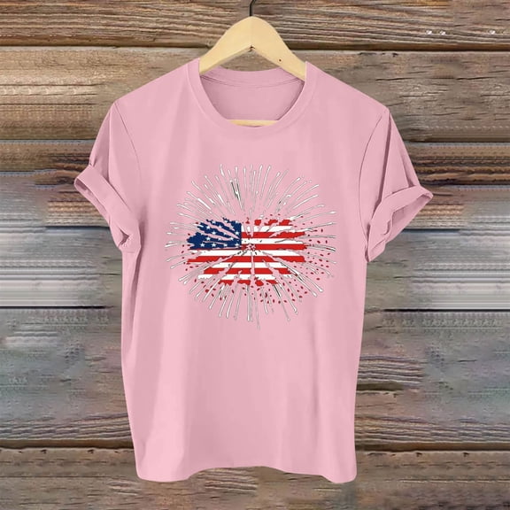 BRGZLK 2025 Women's Independence Day Tops Casual Fashion Patriotic Graphic Tee Loose Round Neck Short Sleeved Shirt Pink M