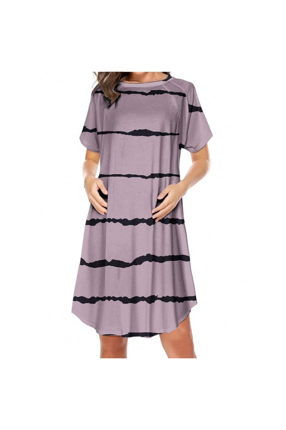 2026 Summer Maternity Dress Side Zipper Nursing Design Knee-Length Short Sleeve Round Neck Printed Loose Casual Sleep Dress For Pregnant Women