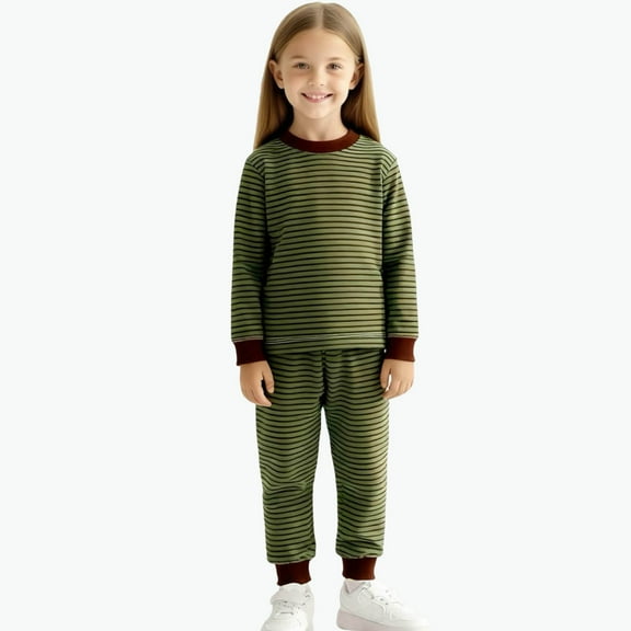 BRGZLK 2PC Kids Homewear Sets Boy Girl Cute Stripes Loungewear Casual Warm Long Sleeved Top and Long Pants Homewear Green 6-12 Months