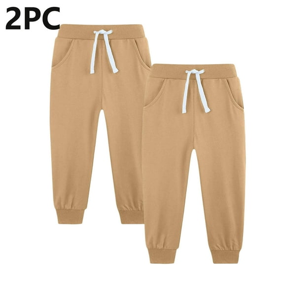 BRGZLK 2pc Boys Sweatpants Cotton Youth Kids Soft Cold-proof Pocket Drawstring Elastic Bottom Joggers Casual Pants Khaki 7-8 Years