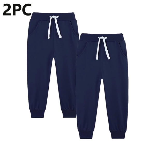 BRGZLK 2pc Boys Sweatpants Cotton Youth Kids Soft Cold-proof Pocket Drawstring Elastic Bottom Joggers Casual Pants Navy 7-8 Years