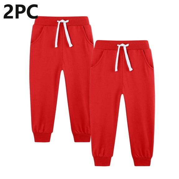 BRGZLK 2pc Boys Sweatpants Cotton Youth Kids Soft Cold-proof Pocket Drawstring Elastic Bottom Joggers Casual Pants Red 7-8 Years