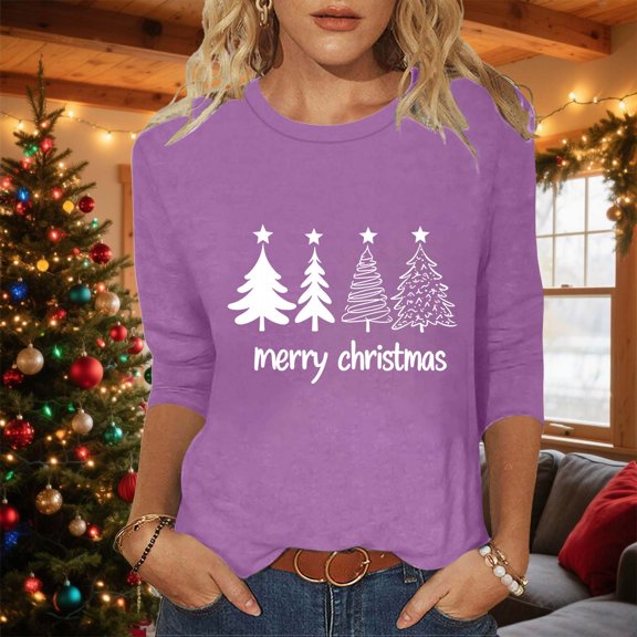 BRGZLK 3/4 Sleeve Christmas Shirts for Women Cute Xmas Tree Print Shirts Lightweight Comfort Casual Loose Fit Fall Tops for Party A#Purple L