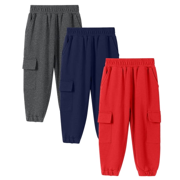 BRGZLK 3 Pack Boys Girls Cargo Sweatpants Trendy Solid Color Elastic Waist Side with Pocket Ankle Cuff Casual Sweatpants Long Pants with Pockets Black 13-14 Years