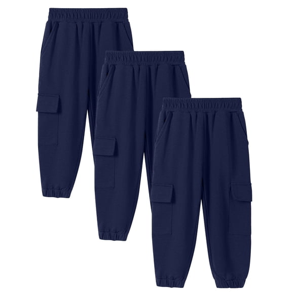 BRGZLK 3 Pack Boys Girls Cargo Sweatpants Trendy Solid Color Elastic Waist Side with Pocket Ankle Cuff Casual Sweatpants Long Pants with Pockets Navy 8-9 Years