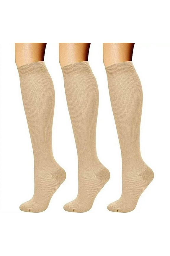 3 Pairs Knee High Socks Solid Color Cotton Compression Outdoor Soft Warm Breathable Sock Support for Running Cycling Long Stockings Khaki S/M