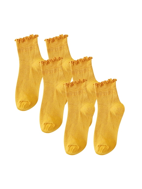 3 Pairs Women Socks Rolled Edge Short Cute Solid Color Socks Winter Wooden Ear Edge Short Socks For Men Women Yellow One Size