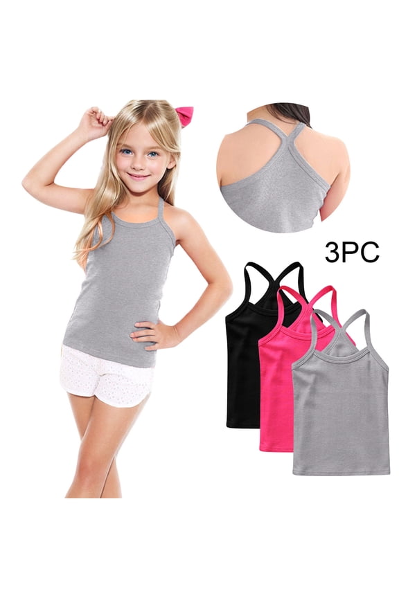 3Pcs Kids Girls Tank Tops Summer Casual Solid Color Camisole Undershirts Soft Comfortable Spaghetti Strap Halter Y-Back Tank Tops for Girl G 12-18 Months