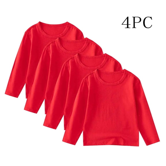 BRGZLK 4 PC Girls Basic Long Sleeve Shirts Unisex Trendy Soft Cozy Cute Solid Color Crew Neck Long Sleeve Tops Red 12-24 Months