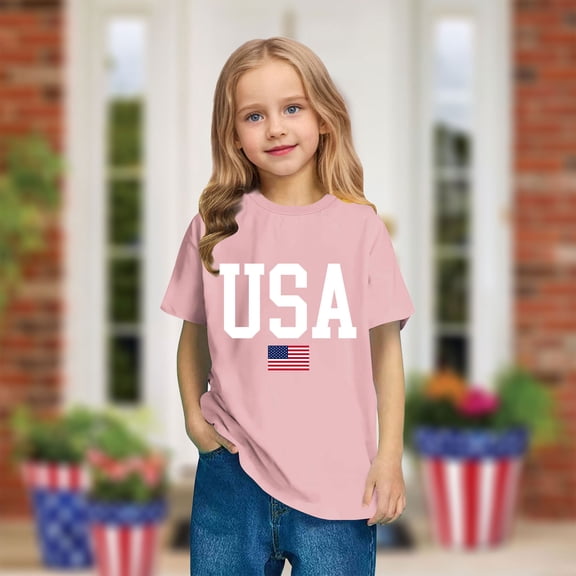 BRGZLK 4Th Of July Outfits For Toddler Boys Girls Independence Day Letter Printed T-Shirt Kids Soft And Skin-Friendly Cotton Short Sleeves Top Pink 7-8 Years