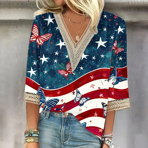 BRGZLK 4Th Of July Oversized T-Shirts For Women Summer Casual V-Neck 3/4 Sleeve Lace Tees Fashion USA Flag Printed Loose Blouse Top Red L