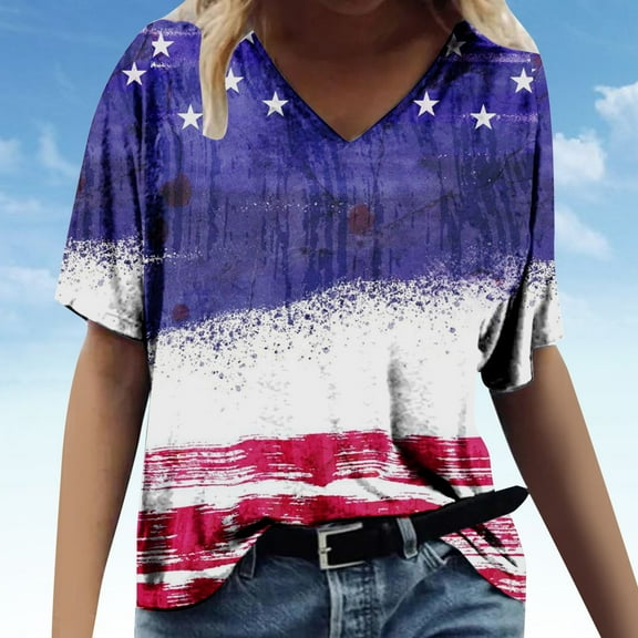 BRGZLK 4Th Of July V Neck T-Shirts For Womens Fashion Independence Day Printed Tee Casual Short Sleeve V Neck Loose Summer Tops Purple XXL