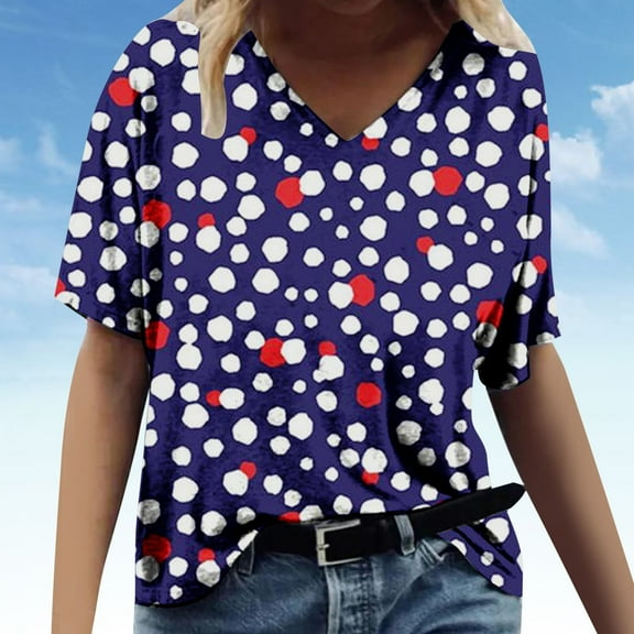 BRGZLK 4Th Of July V Neck T-Shirts For Womens Fashion Independence Day Printed Tee Casual Short Sleeve V Neck Loose Summer Tops Red M