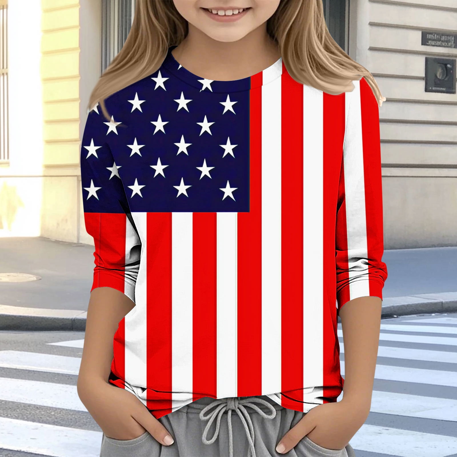 BRGZLK 4th of July Shirts Girls 3/4 Sleeve Round Neck American Flag ...
