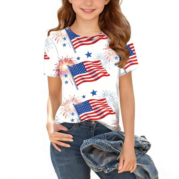 BRGZLK 4th of July Shirts for Girls Cute Trendy Short Sleeeve Round Neck Patriotic Shirt USA Flag Stars Stripes Print Comfy Loose Breathable Tee Tops White 11-12 Years