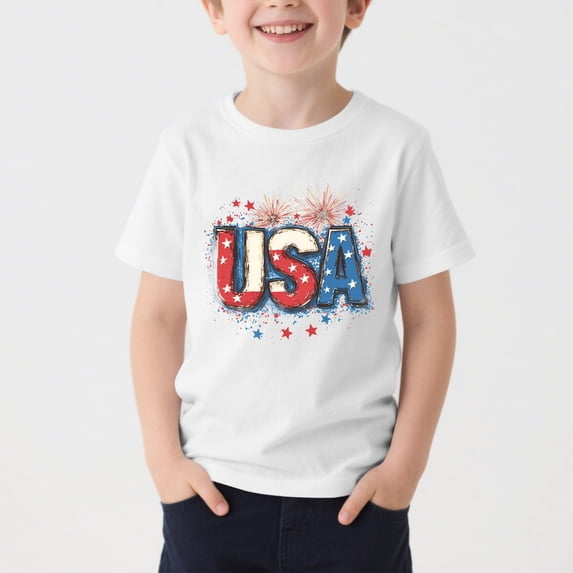 BRGZLK 4th of July T-Shirts Boys Girls Summer 2026 USA Flag Shirt Patriotic Independence Day Soft Comfortable Breathable Short Sleeve Crewneck Casual Basic Tees Tops White 5-6 Years