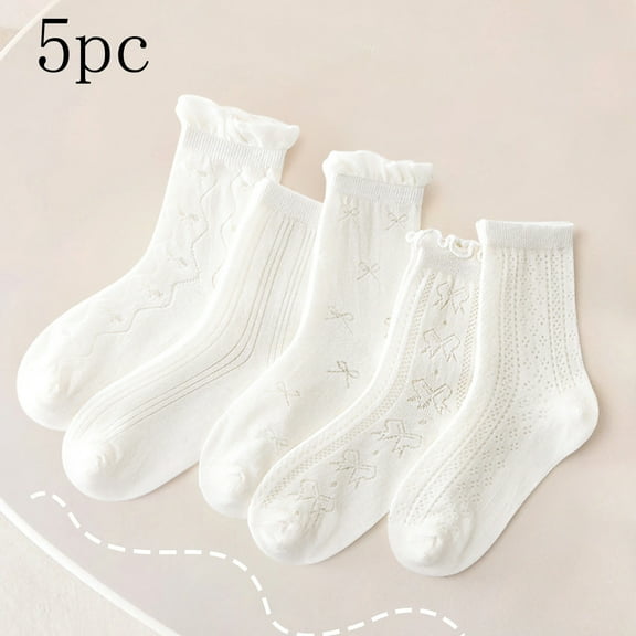 BRGZLK 5 Pairs Ruffle Cotton Socks for Kids Girls Summer Lightweight Soft Stacked Socks Breathable Soft Mid Tube Baby Socks White 12-14 Years
