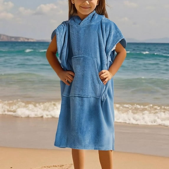 BRGZLK 8-14 Years Kids Fleece Robe Soft Comfortable Drying Beach Pool Bath Loose Short Sleeved Cape Towel With Pocket Blue Free Size