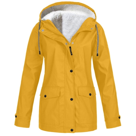 BRGZLK Adult Coats Solid Color Waterproof Lightweight Zip Up Long Sleeve Hooded Jacket Winter Rain Jackets Outdoor Windbreaker for Women Yellow M