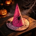 thumbnail image 1 of BRGZLK Adults Halloween Witches Hat Halloween Spider Web Wide Brim Pointed Witch Hat Festival Party Costume Hats, Witch Costume Accessories Pink Free Size, 1 of 4