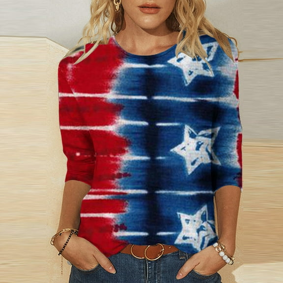 BRGZLK American Flag 3/4 Sleeve T-Shirt For Women Fashion Patriotic Graphic Tee Loose Round Neck Casual Independence Day Tops Multicolor S