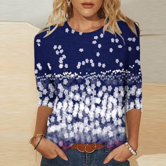 BRGZLK American Flag 3/4 Sleeve T-Shirt For Women Fashion Patriotic Graphic Tee Loose Round Neck Casual Independence Day Tops Navy M