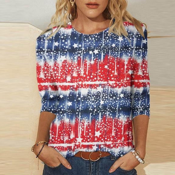 BRGZLK American Flag 3/4 Sleeve T-Shirt For Women Fashion Patriotic Graphic Tee Loose Round Neck Casual Independence Day Tops Red L