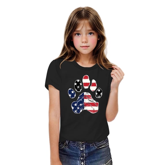 BRGZLK American Flag Cotton Shirts For Boys Girls Independence Day Memorial Day Tees Cute Round Neck Casual Short Sleeve T-Shirts Black 9-10 Years