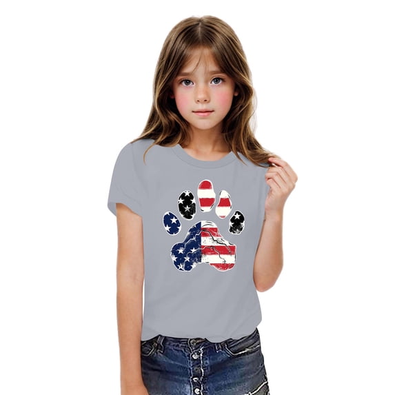 BRGZLK American Flag Cotton Shirts For Boys Girls Independence Day Memorial Day Tees Cute Round Neck Casual Short Sleeve T-Shirts Gray 7-8 Years