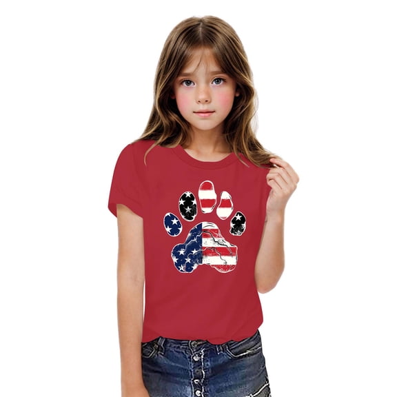 BRGZLK American Flag Cotton Shirts For Boys Girls Independence Day Memorial Day Tees Cute Round Neck Casual Short Sleeve T-Shirts Red 4-5 Years