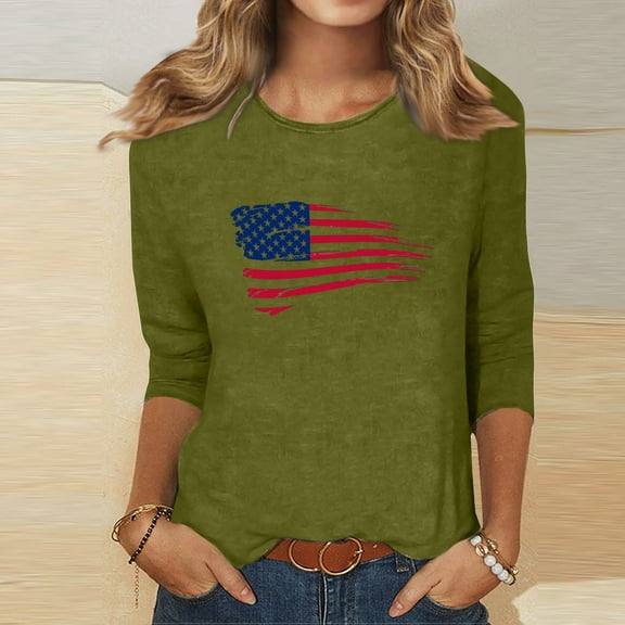 BRGZLK American Flag T-Shirt For Women Fashion Independence Day Flag Printed Blouse Casual 3/4 Sleeve Loose Round Neck Holiday Tops Army Green S