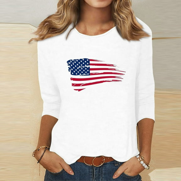 BRGZLK American Flag T-Shirt For Women Fashion Independence Day Flag Printed Blouse Casual 3/4 Sleeve Loose Round Neck Holiday Tops White L