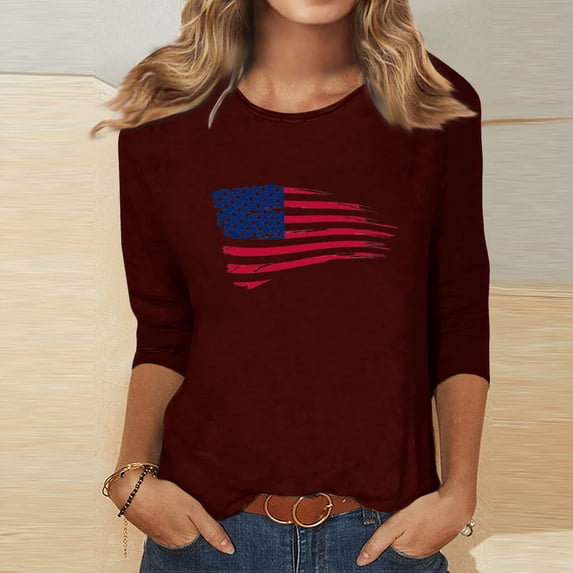 BRGZLK American Flag T-Shirt For Women Fashion Independence Day Flag Printed Blouse Casual 3/4 Sleeve Loose Round Neck Holiday Tops Wine L