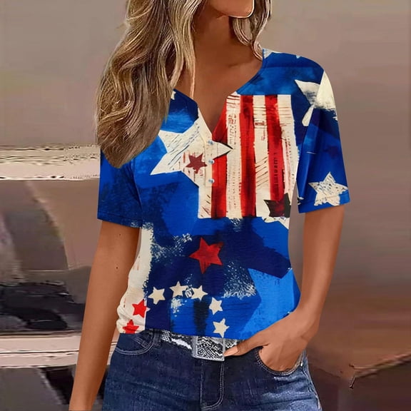 BRGZLK American Flag T-Shirt For Women Plus Size Independence Day Flag Printed Tee Loose Casual V Neck Short Sleeve Blouse Top Blue XL
