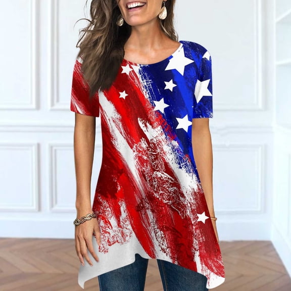 BRGZLK American Flag T Shirts For Women Summer Fashion Independence Day Print Blouse Loose Round Neck Short Sleeve Casual Blouse Tops Blue L