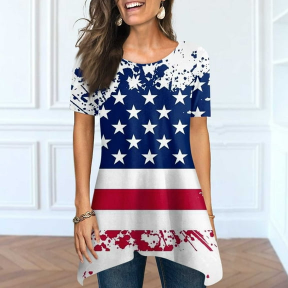 BRGZLK American Flag T Shirts For Women Summer Fashion Independence Day Print Blouse Loose Round Neck Short Sleeve Casual Blouse Tops Dark Blue L