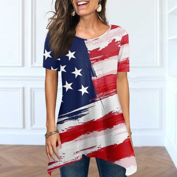 BRGZLK American Flag T Shirts For Women Summer Fashion Independence Day Print Blouse Loose Round Neck Short Sleeve Casual Blouse Tops Red XL