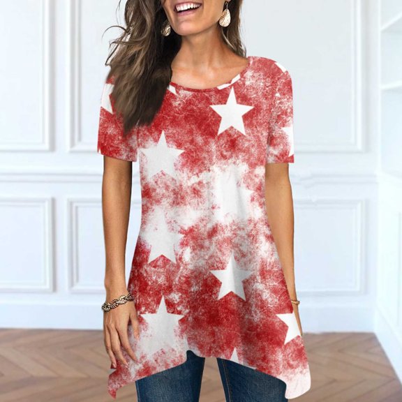 BRGZLK American Flag T Shirts For Women Summer Fashion Independence Day Print Blouse Loose Round Neck Short Sleeve Casual Blouse Tops White M