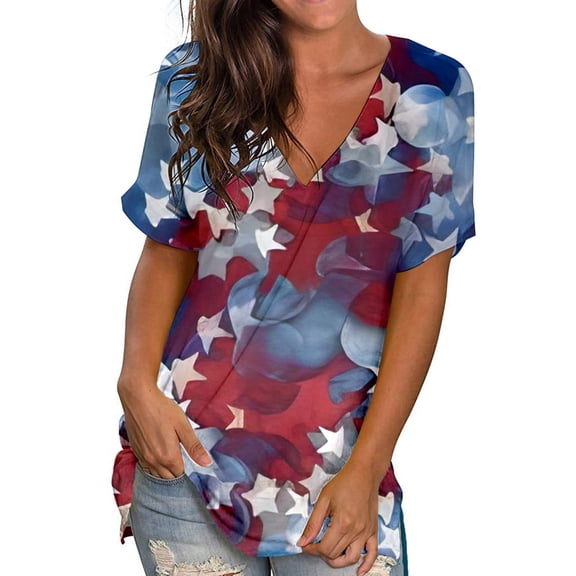 BRGZLK American Flag V Neck Tops For Women Oversize Summer Patriotic Print Tees Loose Fit Casual Short Sleeve Blouse T-Shirt Navy L