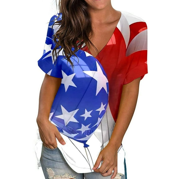 BRGZLK American Flag V Neck Tops For Women Oversize Summer Patriotic Print Tees Loose Fit Casual Short Sleeve Blouse T-Shirt Red M