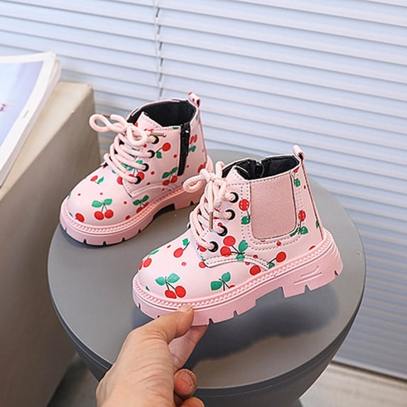 BRGZLK Ankle Booties for Girls Trendy Cute Cherry Graphic Round Toe Low Heel Casual Winter Boots Non Slip Comfortable Riding Boot Fall Winter Footwear Pink A 8 Toddler