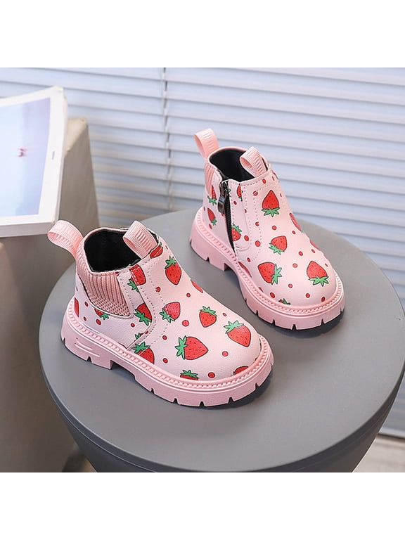Ankle Booties for Girls Trendy Cute Strawberry Graphic Round Toe Low Heel Casual Winter Boots Non Slip Comfortable Riding Boot Fall Winter Footwear Pink 11.5 Little Kids