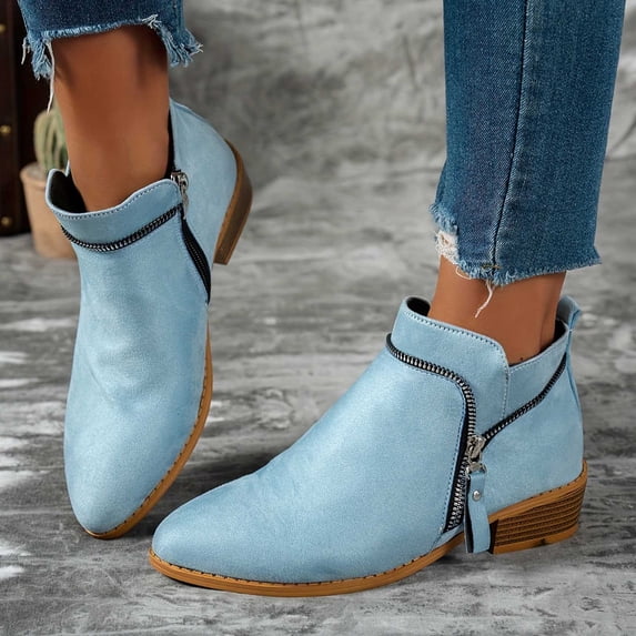 BRGZLK Ankle Boots for Women Sweet Cool Trendy Pointed Toe Faux Suede Low Heel Casual Comfortable Orthopedic Arch Support Booties with Side Zipper Fall Winter Footwear Sky Blue 38