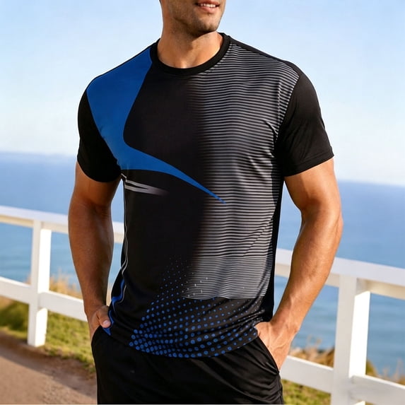 BRGZLK Athletic T-Shirt for Men Summer Moisture Wicking Quick Dry Short Sleeve Shirts Trendy Print Lightweight Comfortable Sports Tee Tops Blue 3XL