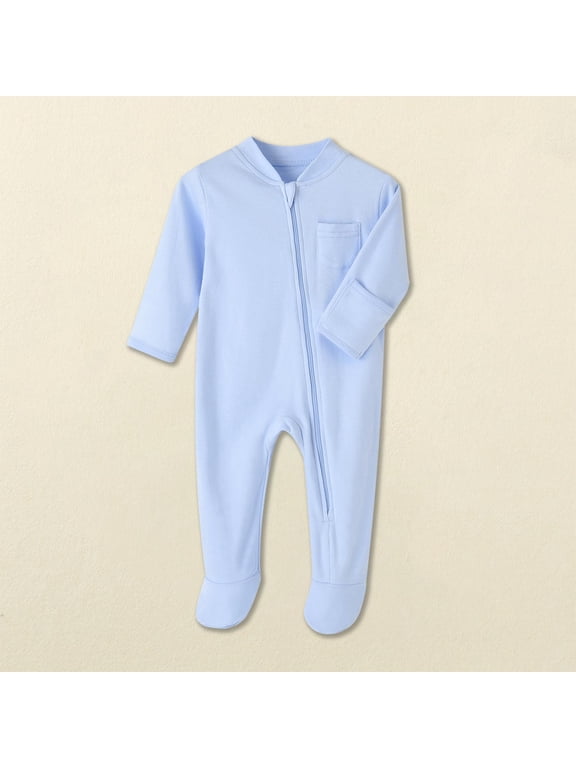 Baby Boys Girls Cotton Romper 2026 Fall Solid Color One Piece Long Sleeve Zip Front Footie Onesie Comfortable Breathable Cotton Jumpsuit with Pockets Blue 12-18 Months
