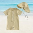 thumbnail image 1 of BRGZLK Baby Boys Swimsuit Cute Short Sleeve Stripe Sun Protection Rash Guard Swimsuit Beach Zipper One Piece Swimsuit Romper with Hat Set Yellow 1-2 Years, 1 of 6